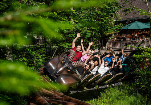 Fahrt mit der Bergachterbahn Gipfelstürmer durch den Wald